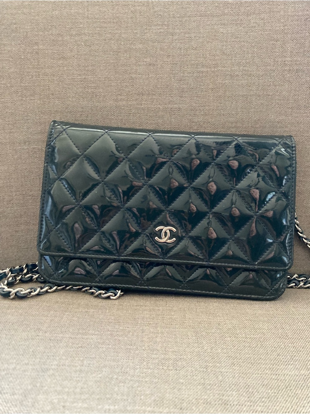 CHANEL Black Quilted Patent Leather Crossbody Wallet